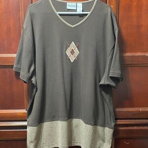 Russ woman vintage plus size 26/28W Brown V-Neck Top with Geometric Design